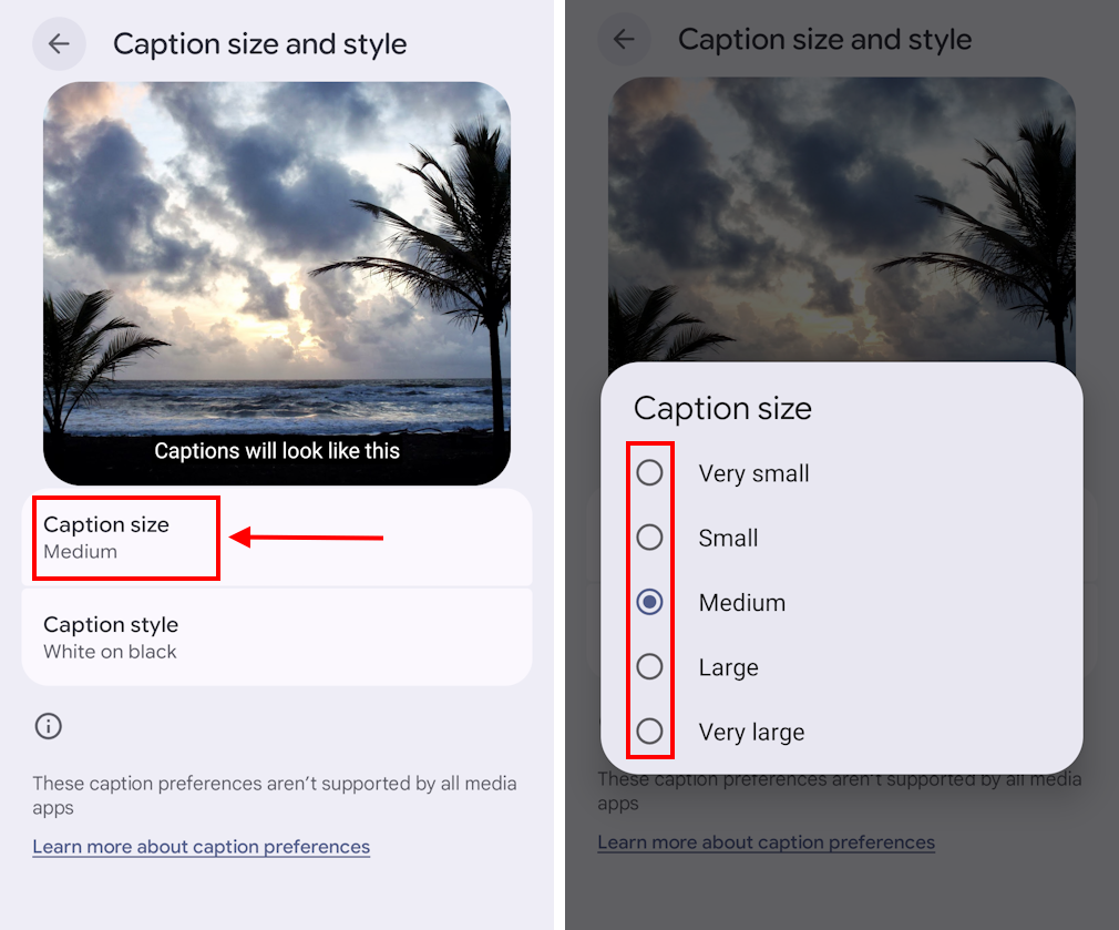 Tap Caption size and select a new text size